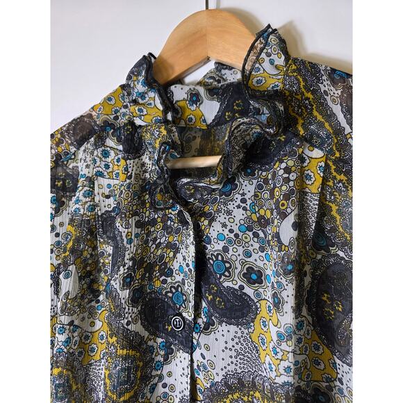 ST. HELENA Blue Yellow Floral Paisley 3/4 Sleeve Ruffle Neck Semi Sheer SZ L - Picture 4 of 9